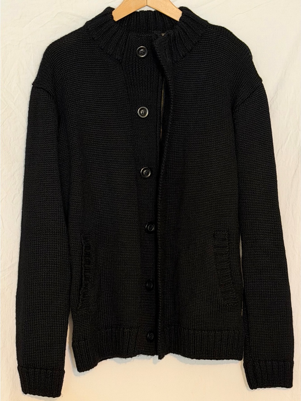 WoolOvers Men's Pure Lambswool Heavyweight Ribbed Cardigan Sweater Mock Neck